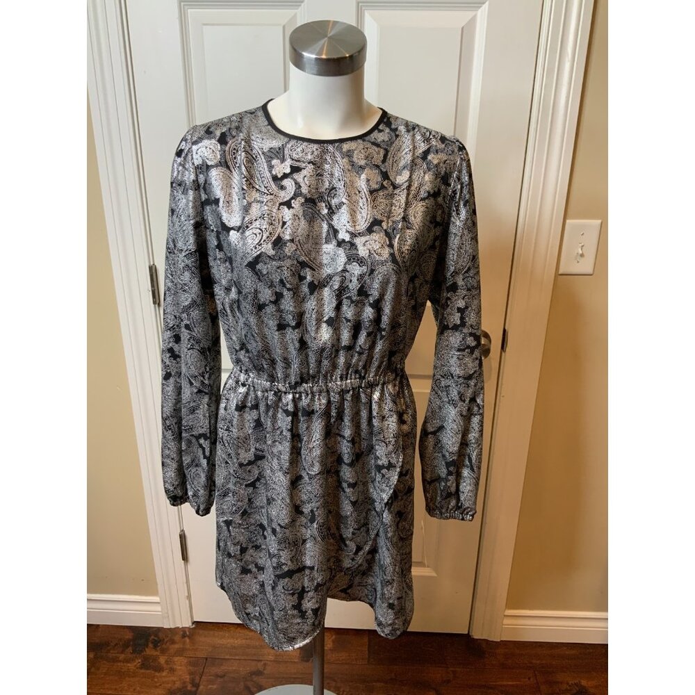 Michael Kors Black & Silver Long Sleeve Paisley Mini Dress, Size Medium, New!